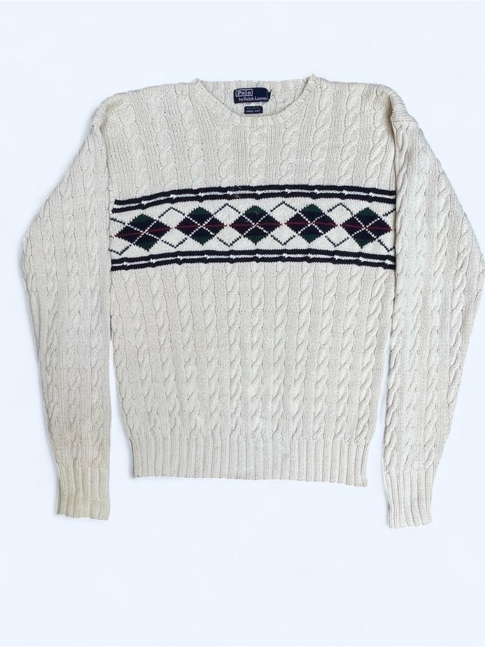 Vintage Polo Ralph Lauren Men's Cream Cable Knit Argyle Sweater academia teacher